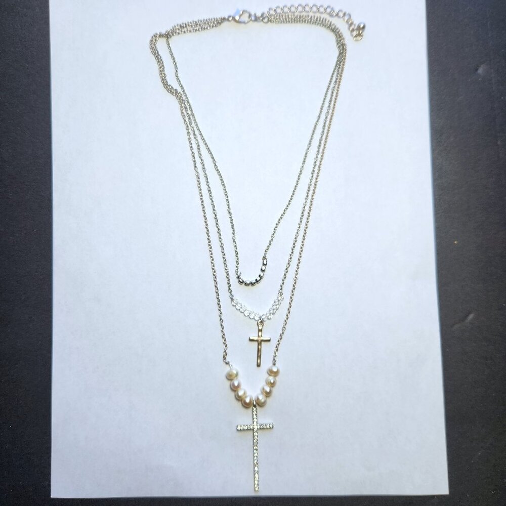 Layered Cross Necklace Silver Tone Faux Pearl Multi Strand Christian Jewellery